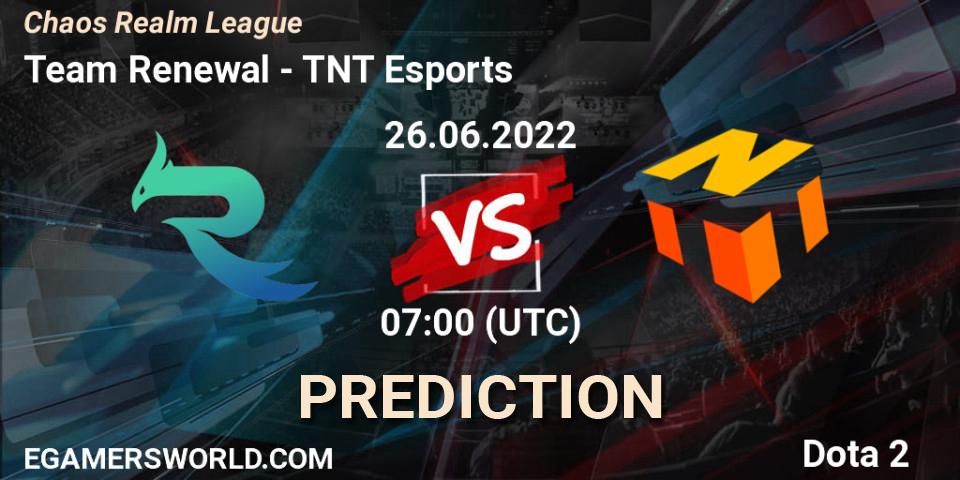 Prognose für das Spiel Team Renewal VS TNT Esports. 26.06.2022 at 07:07. Dota 2 - Chaos Realm League 
