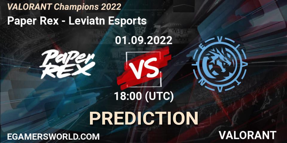 Prognose für das Spiel Paper Rex VS Leviatán Esports. 01.09.2022 at 18:45. VALORANT - VALORANT Champions 2022