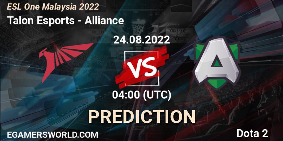 Prognose für das Spiel Talon Esports VS Alliance. 24.08.2022 at 04:00. Dota 2 - ESL One Malaysia 2022