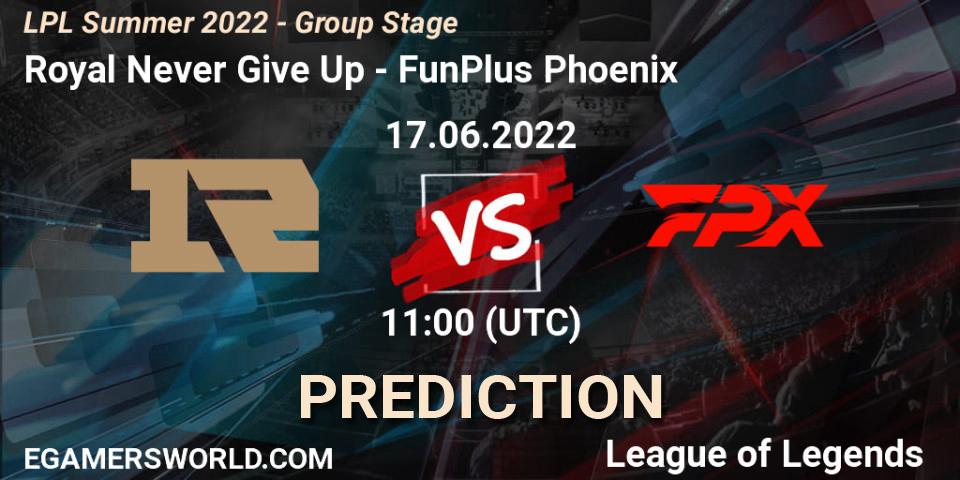 Prognose für das Spiel Royal Never Give Up VS FunPlus Phoenix. 17.06.22. LoL - LPL Summer 2022 - Group Stage