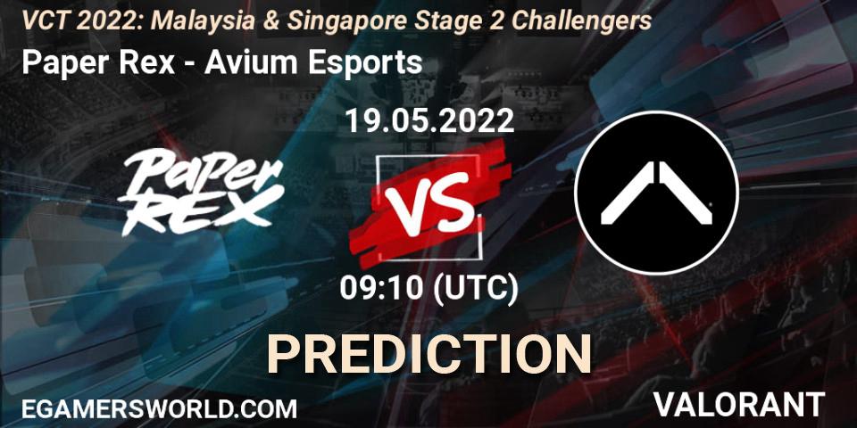 Prognose für das Spiel Paper Rex VS Avium Esports. 19.05.2022 at 09:10. VALORANT - VCT 2022: Malaysia & Singapore Stage 2 Challengers