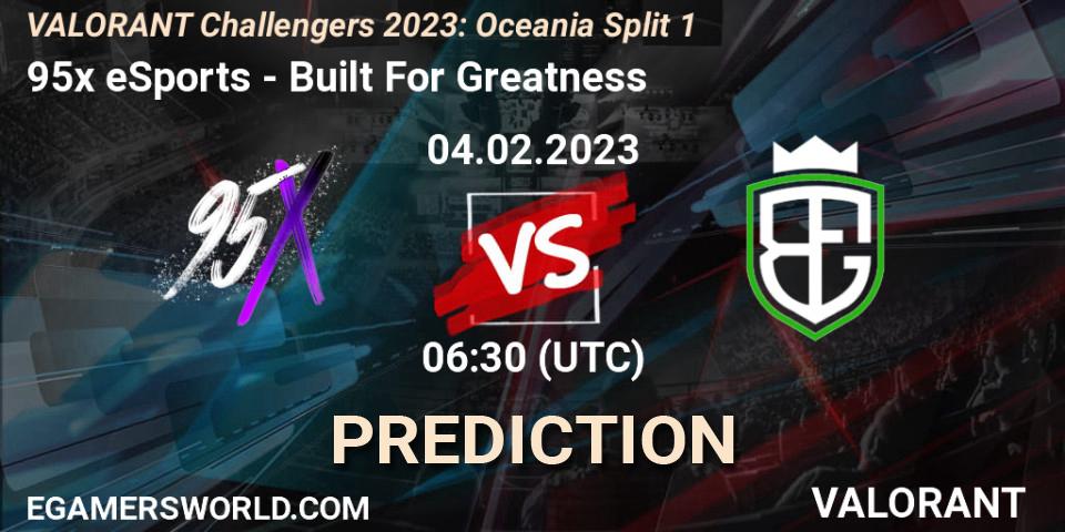 Prognose für das Spiel 95x eSports VS Built For Greatness. 04.02.23. VALORANT - VALORANT Challengers 2023: Oceania Split 1