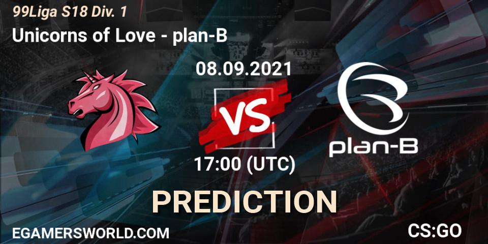 Prognose für das Spiel Unicorns of Love VS plan-B. 20.10.21. CS2 (CS:GO) - 99Liga S18 Div. 1