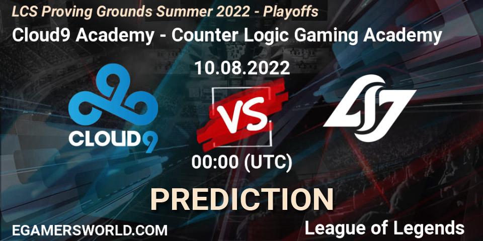 Prognose für das Spiel Cloud9 Academy VS Counter Logic Gaming Academy. 10.08.2022 at 00:00. LoL - LCS Proving Grounds Summer 2022 - Playoffs