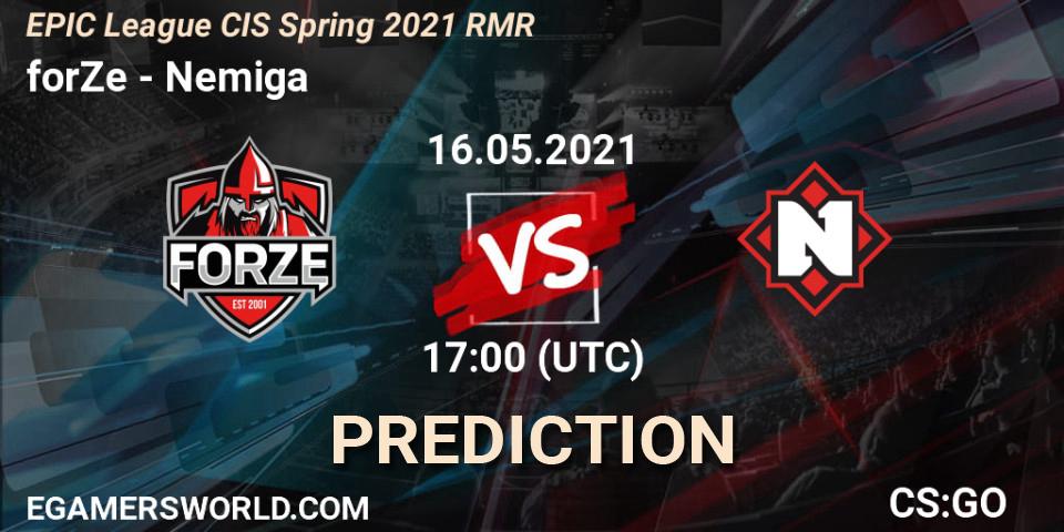 Prognose für das Spiel forZe VS Nemiga. 16.05.2021 at 17:00. Counter-Strike (CS2) - EPIC League CIS Spring 2021 RMR