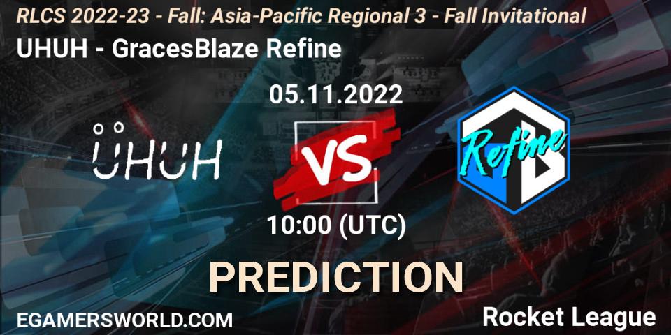 Prognose für das Spiel UHUH VS GracesBlaze Refine. 05.11.2022 at 10:00. Rocket League - RLCS 2022-23 - Fall: Asia-Pacific Regional 3 - Fall Invitational