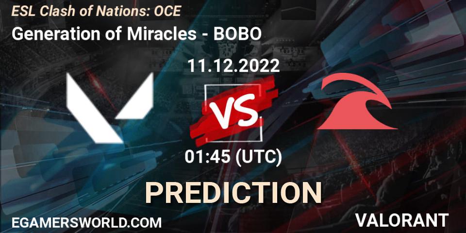 Prognose für das Spiel Generation of Miracles VS BOBO. 11.12.2022 at 01:45. VALORANT - ESL Clash of Nations: OCE