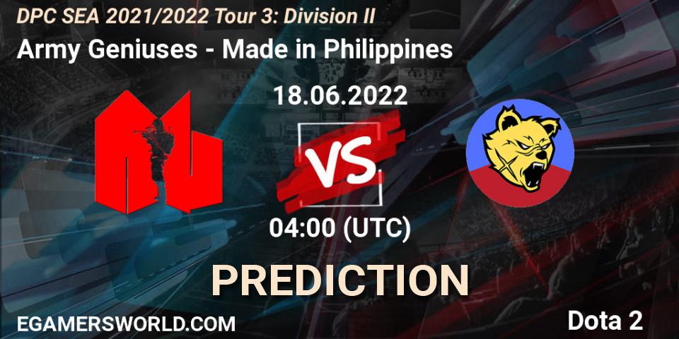 Prognose für das Spiel Army Geniuses VS Made in Philippines. 18.06.2022 at 04:07. Dota 2 - DPC SEA 2021/2022 Tour 3: Division II