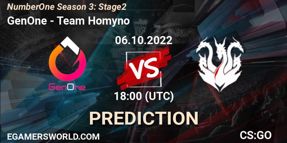 Prognose für das Spiel GenOne VS Team Homyno. 06.10.2022 at 18:00. Counter-Strike (CS2) - NumberOne Season 3: Stage 2