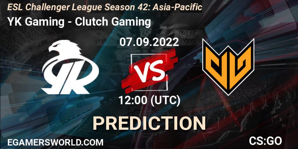 Prognose für das Spiel YK Gaming VS Clutch Gaming. 07.09.2022 at 12:00. Counter-Strike (CS2) - ESL Challenger League Season 42: Asia-Pacific