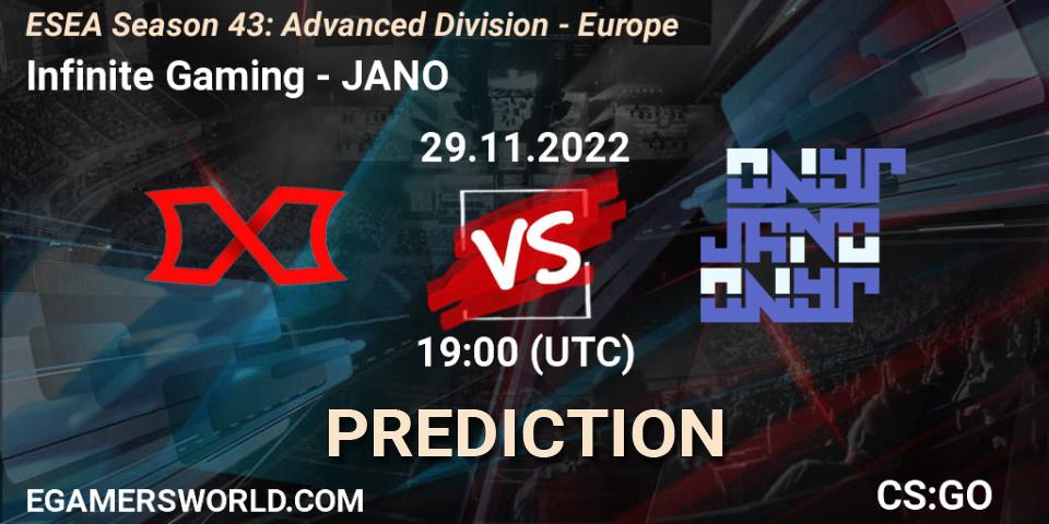 Prognose für das Spiel Infinite Gaming VS JANO. 29.11.22. CS2 (CS:GO) - ESEA Season 43: Advanced Division - Europe