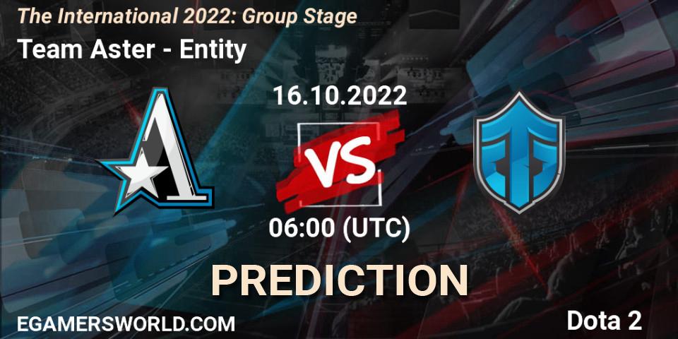 Prognose für das Spiel Team Aster VS Entity. 16.10.2022 at 06:39. Dota 2 - The International 2022: Group Stage