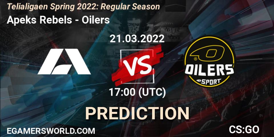 Prognose für das Spiel Apeks Rebels VS Oilers. 21.03.2022 at 17:00. Counter-Strike (CS2) - Telialigaen Spring 2022: Regular Season