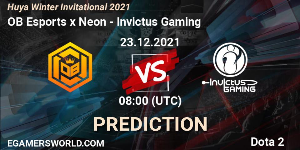 Prognose für das Spiel OB Esports x Neon VS Invictus Gaming. 23.12.2021 at 08:40. Dota 2 - Huya Winter Invitational 2021