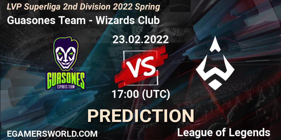 Prognose für das Spiel Guasones Team VS Wizards Club. 23.02.2022 at 21:20. LoL - LVP Superliga 2nd Division 2022 Spring