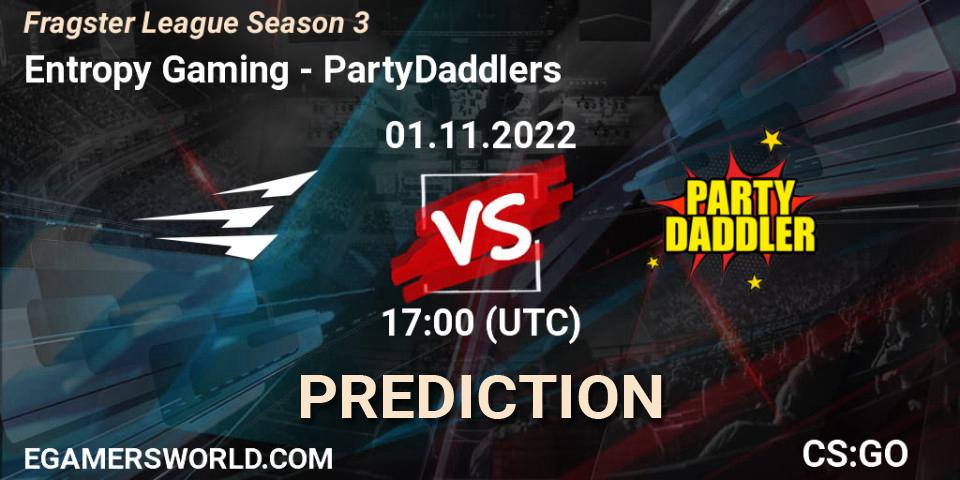 Prognose für das Spiel Entropy Gaming VS PartyDaddlers. 01.11.2022 at 17:00. Counter-Strike (CS2) - Fragster League Season 3