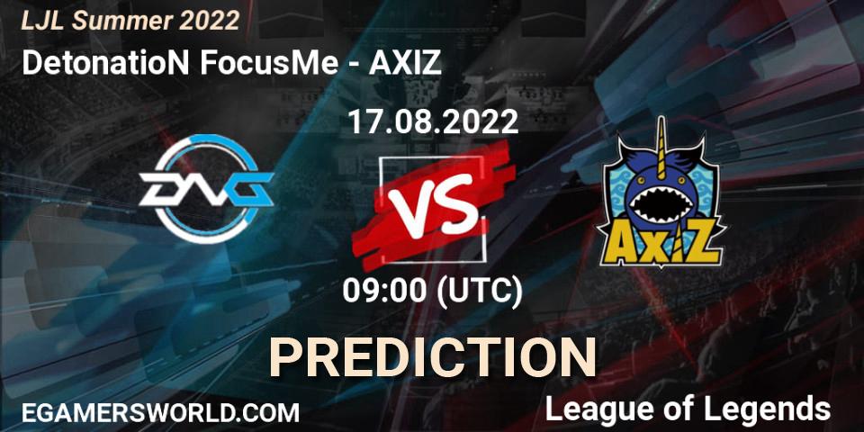Prognose für das Spiel DetonatioN FocusMe VS AXIZ. 17.08.22. LoL - LJL Summer 2022