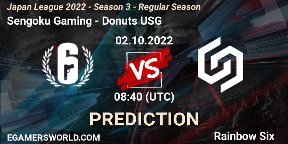 Prognose für das Spiel Sengoku Gaming VS Donuts USG. 02.10.2022 at 08:40. Rainbow Six - Japan League 2022 - Season 3 - Regular Season