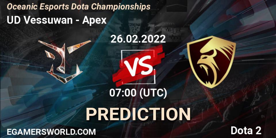 Prognose für das Spiel UD Vessuwan VS Apex. 26.02.2022 at 07:22. Dota 2 - Oceanic Esports Dota Championships