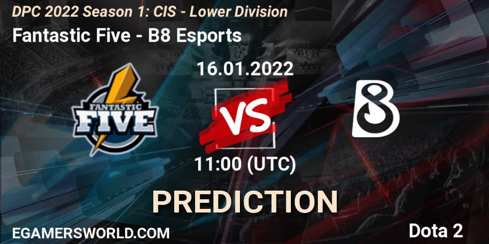Prognose für das Spiel Fantastic Five VS B8 Esports. 16.01.2022 at 11:01. Dota 2 - DPC 2022 Season 1: CIS - Lower Division