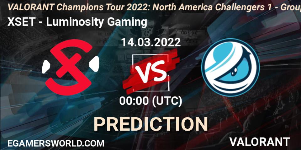 Prognose für das Spiel XSET VS Luminosity Gaming. 13.03.2022 at 00:00. VALORANT - VCT 2022: North America Challengers 1 - Group Stage
