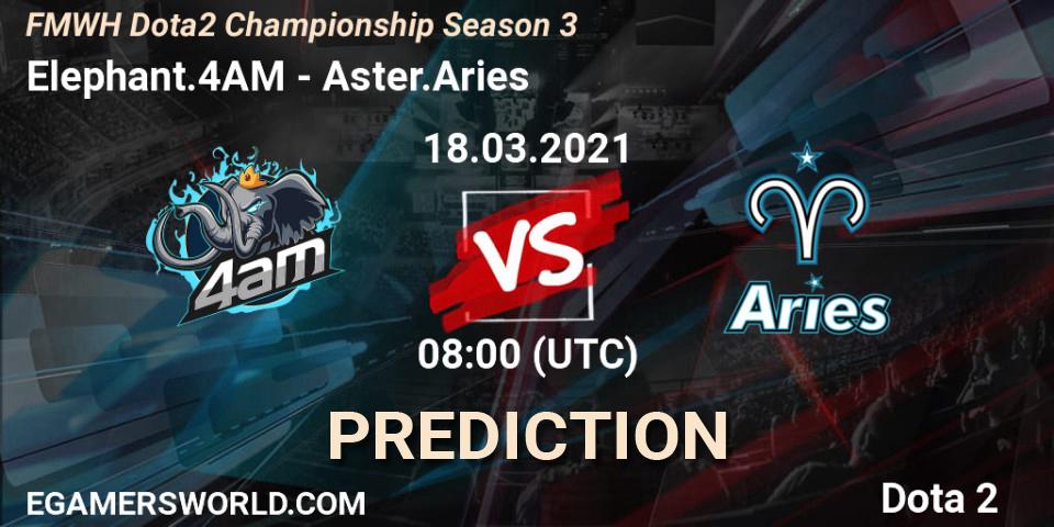 Prognose für das Spiel Elephant.4AM VS Aster.Aries. 18.03.2021 at 07:02. Dota 2 - FMWH Dota2 Championship Season 3