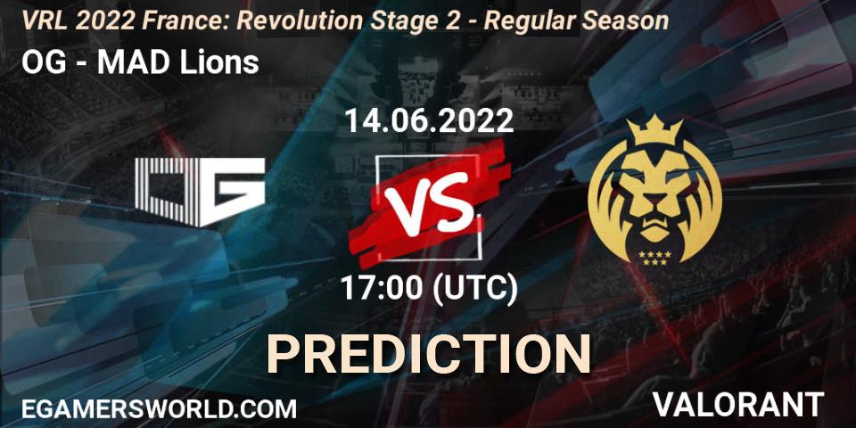Prognose für das Spiel OG VS MAD Lions. 14.06.2022 at 17:35. VALORANT - VRL 2022 France: Revolution Stage 2 - Regular Season