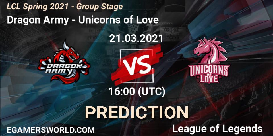 Prognose für das Spiel Dragon Army VS Unicorns of Love. 21.03.2021 at 16:00. LoL - LCL Spring 2021 - Group Stage