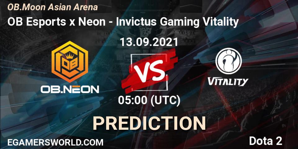 Prognose für das Spiel OB Esports x Neon VS Invictus Gaming Vitality. 13.09.2021 at 05:08. Dota 2 - OB.Moon Asian Arena