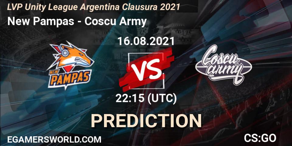Prognose für das Spiel New Pampas VS Coscu Army. 23.08.2021 at 22:15. Counter-Strike (CS2) - LVP Unity League Argentina Clausura 2021