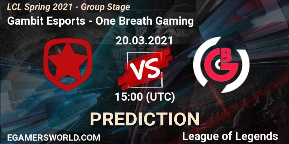 Prognose für das Spiel Gambit Esports VS One Breath Gaming. 20.03.21. LoL - LCL Spring 2021 - Group Stage