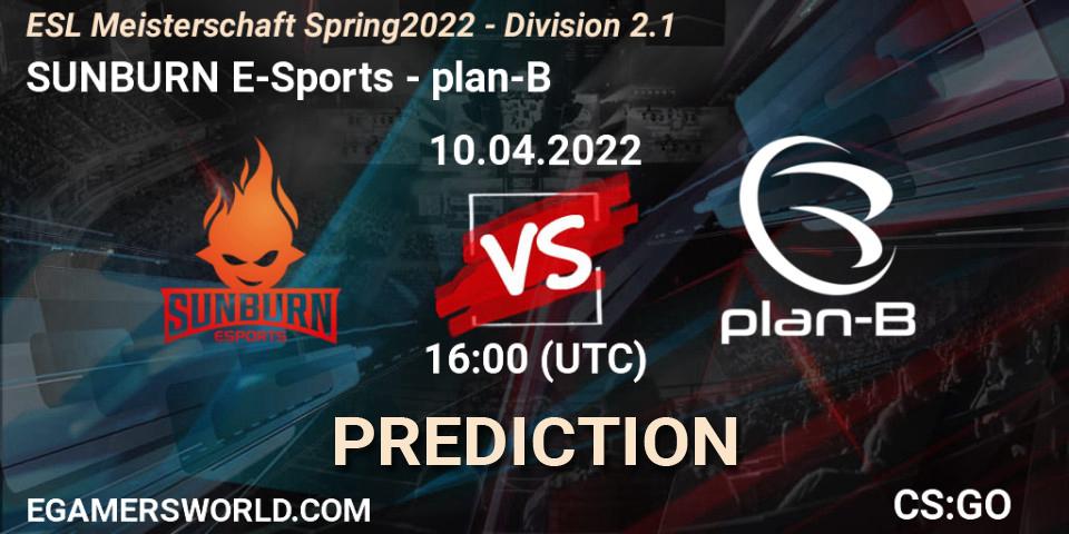 Prognose für das Spiel SUNBURN E-Sports VS plan-B. 10.04.22. CS2 (CS:GO) - ESL Meisterschaft Spring 2022 - Division 2.1