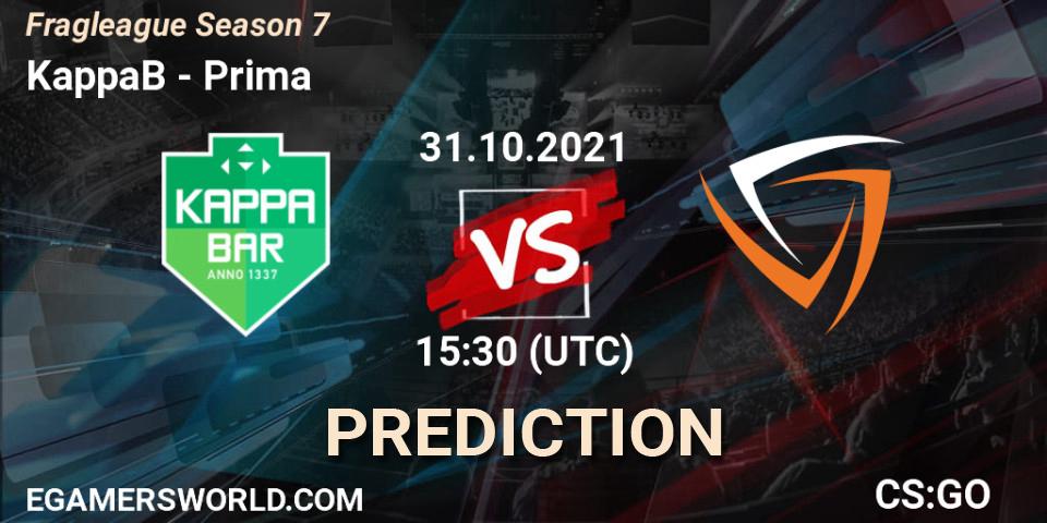 Prognose für das Spiel KappaB VS Prima. 31.10.2021 at 15:30. Counter-Strike (CS2) - Fragleague Season 7