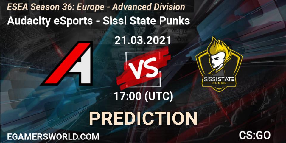 Prognose für das Spiel Audacity eSports VS Sissi State Punks. 21.03.2021 at 17:00. Counter-Strike (CS2) - ESEA Season 36: Europe - Advanced Division