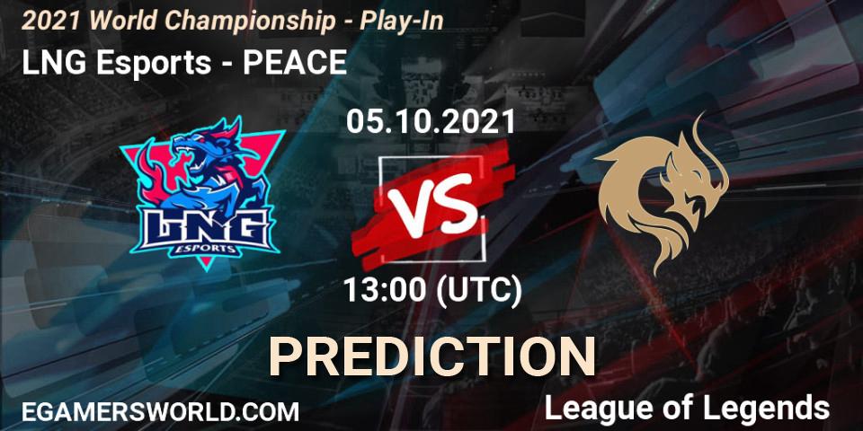 Prognose für das Spiel LNG Esports VS PEACE. 05.10.2021 at 13:10. LoL - 2021 World Championship - Play-In