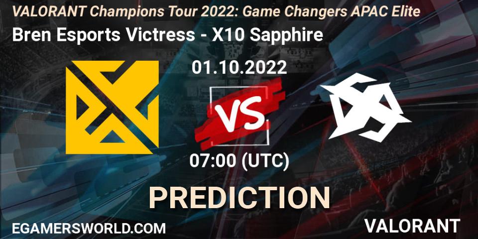 Prognose für das Spiel Bren Esports Victress VS X10 Sapphire. 01.10.2022 at 07:00. VALORANT - VCT 2022: Game Changers APAC Elite