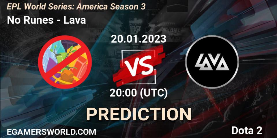 Prognose für das Spiel No Runes VS Lava. 20.01.2023 at 20:00. Dota 2 - EPL World Series: America Season 3