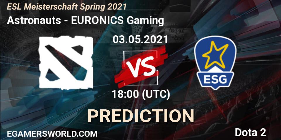 Prognose für das Spiel Astronauts VS EURONICS Gaming. 03.05.2021 at 18:22. Dota 2 - ESL Meisterschaft Spring 2021