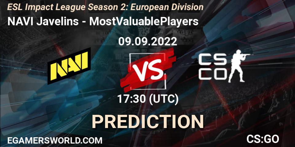 Prognose für das Spiel NAVI Javelins VS MostValuablePlayers. 09.09.2022 at 17:30. Counter-Strike (CS2) - ESL Impact League Season 2: European Division