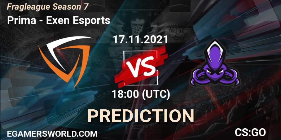 Prognose für das Spiel Prima VS Exen Esports. 17.11.2021 at 18:00. Counter-Strike (CS2) - Fragleague Season 7