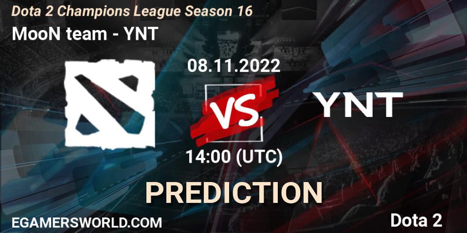 Prognose für das Spiel MooN team VS YNT. 08.11.2022 at 14:19. Dota 2 - Dota 2 Champions League Season 16