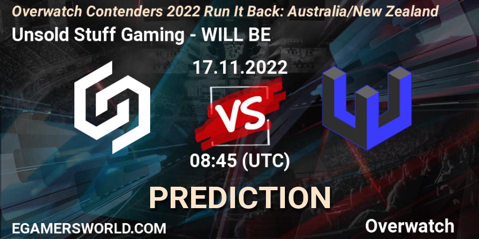 Prognose für das Spiel Unsold Stuff Gaming VS WILL BE. 17.11.2022 at 08:35. Overwatch - Overwatch Contenders 2022 - Australia/New Zealand - November