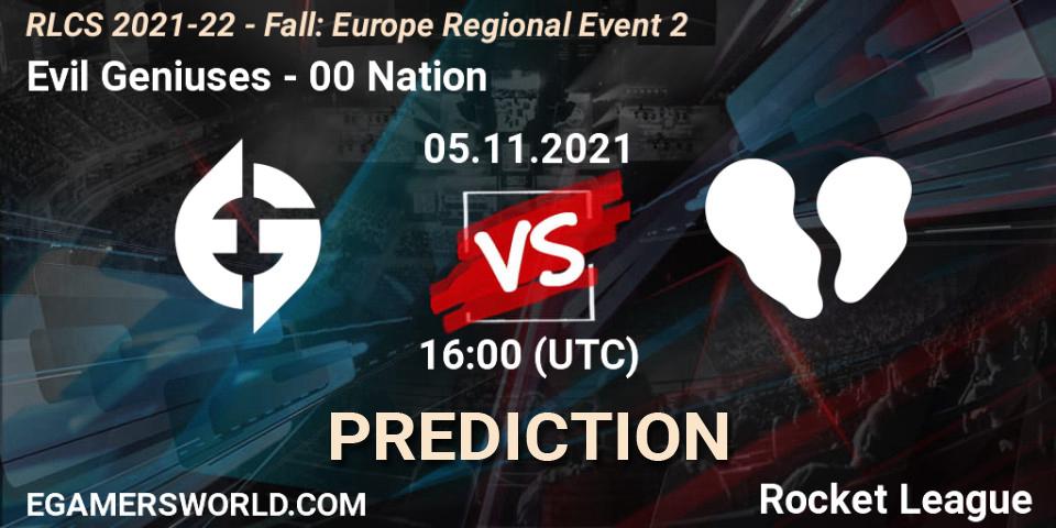 Prognose für das Spiel Evil Geniuses VS 00 Nation. 05.11.2021 at 16:00. Rocket League - RLCS 2021-22 - Fall: Europe Regional Event 2