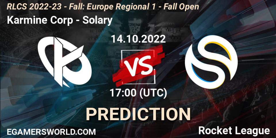Prognose für das Spiel Karmine Corp VS Solary. 14.10.2022 at 15:00. Rocket League - RLCS 2022-23 - Fall: Europe Regional 1 - Fall Open