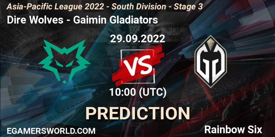 Prognose für das Spiel Dire Wolves VS Gaimin Gladiators. 29.09.2022 at 10:00. Rainbow Six - Asia-Pacific League 2022 - South Division - Stage 3