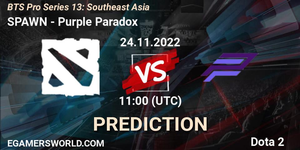 Prognose für das Spiel SPAWN Team VS Purple Paradox. 24.11.2022 at 11:26. Dota 2 - BTS Pro Series 13: Southeast Asia