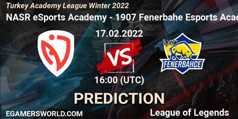 Prognose für das Spiel NASR eSports Academy VS 1907 Fenerbahçe Esports Academy. 17.02.2022 at 16:00. LoL - Turkey Academy League Winter 2022