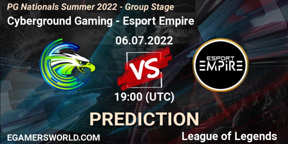 Prognose für das Spiel Cyberground Gaming VS Esport Empire. 06.07.2022 at 19:00. LoL - PG Nationals Summer 2022 - Group Stage