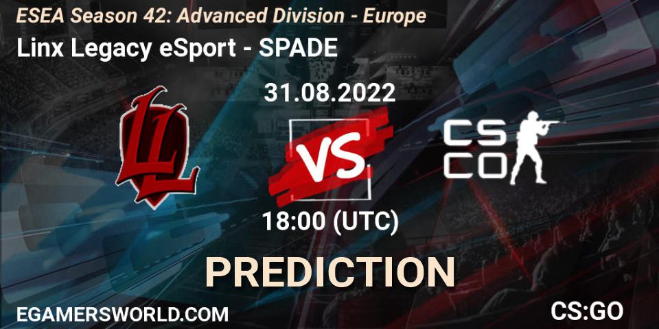 Prognose für das Spiel Linx Legacy eSport VS SPADE. 31.08.2022 at 18:00. Counter-Strike (CS2) - ESEA Season 42: Advanced Division - Europe