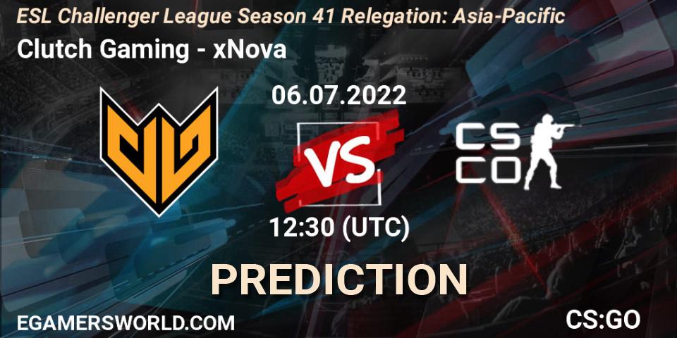 Prognose für das Spiel Clutch Gaming VS xNova. 06.07.2022 at 12:30. Counter-Strike (CS2) - ESL Challenger League Season 41 Relegation: Asia-Pacific